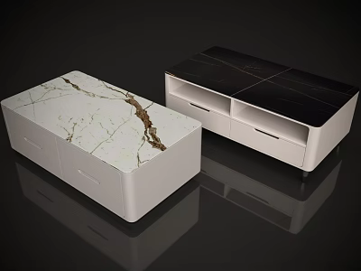 Two Modern Coffee Tables With Marble Pattern Top Black Surface And White Cabinet Featuring Drawers 3d model