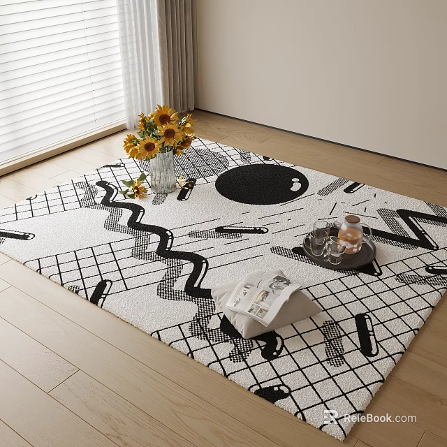 Square Rug Abstract Black White Geometric Pattern With Sunflower Bouquet Tray Magazine On Floor 3d model 