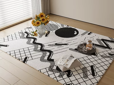 Square Rug Abstract Black White Geometric Pattern With Sunflower Bouquet Tray Magazine On Floor 3d model