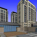 Modern Residential Landscape With High Rise Buildings Purple Trees Water Pool And Lighting Lanterns