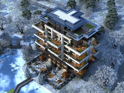 Elegant Multi Story Detached Villa With Terraces Snow Covered Trees And Water View 3d model