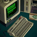 1980s Vintage Computer Setup With Monitor Keyboard Floppy Disk Drive And Soda Cup