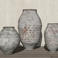 Handmade Textured Ceramic Vases On Wooden Floor With Light Wall Background 3d model