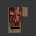 Cartoon Style Small Building with Red Tiled Roof Wooden Frame Small Windows and Chimney