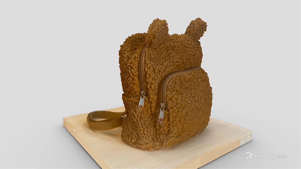 Brown Fluffy Backpack With Ear Shaped Decorations And Zipper Pocket On Wooden Board 3d model 