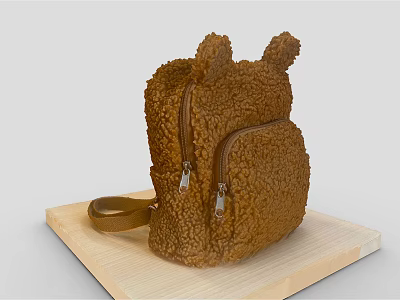 Brown Fluffy Backpack With Ear Shaped Decorations And Zipper Pocket On Wooden Board 3d model