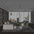 Modern Basement Interior Design With Gray Sofa Wooden Bookshelves Stone Walls And Area Rug