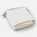 Cozy Plaid Folded Blanket With Decorative Tassels On White Background