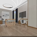 Modern Baby Room Interior With Crib Table Lamp Wall Art TV Desk Chair And Wardrobe