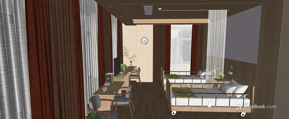 Nursing Room Interior With Two Beds With Rails Tables Chairs Wall Clock And Plants 3d model 