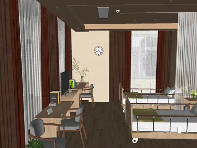 Nursing Room Interior With Two Beds With Rails Tables Chairs Wall Clock And Plants 3d model