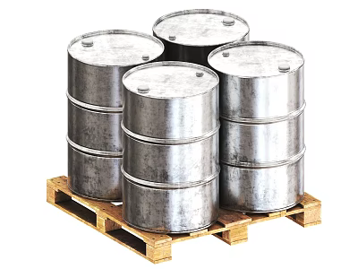 Heavy Duty Industrial Equipment Metal Drums Stacked On Wooden Pallet 3d model