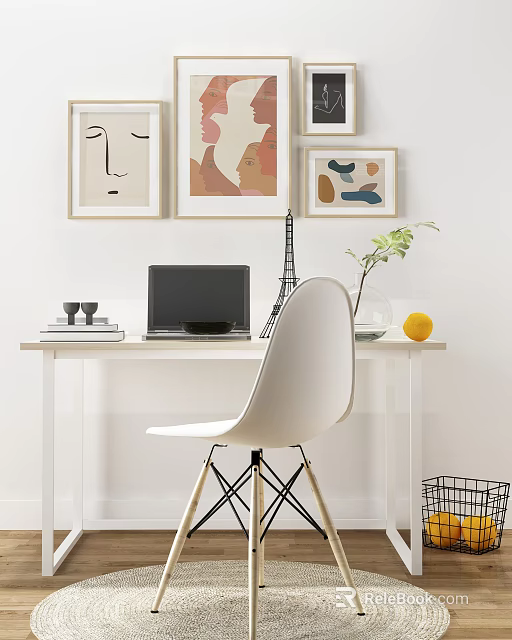 White Writing Desk Setup With Laptop White Chair Framed Wall Art And Green Plant 3d model 