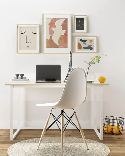 White Writing Desk Setup With Laptop White Chair Framed Wall Art And Green Plant 3d model