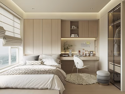 Modern Minimalist Tatami Bedroom Interior Design With Wooden Furniture Desk Chair And Natural Light 3d model