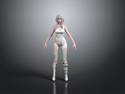 3D Female Character With Silver Hair White Bodysuit Leg Cutouts And Boots On Gray Background 3d model