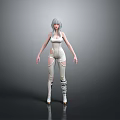 3D Female Character With Silver Hair White Bodysuit Leg Cutouts And Boots On Gray Background
