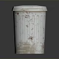Silver Trash Can With Lid Striped Design Showing Red Stains On Dark Surface