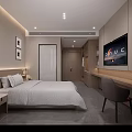 Modern Hotel Guest Room With King Bed White Bedding Wooden Accent Wall Desk And TV