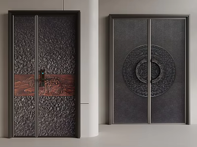 Dark Colored Doors Featuring Carved Texture And Circular Decoration Design 3d model