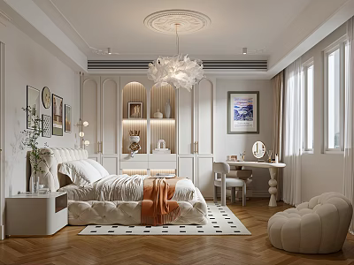 Elegant Modern Bedroom Interior Design With White Bed Crystal Chandelier And Geometric Rug 3d model
