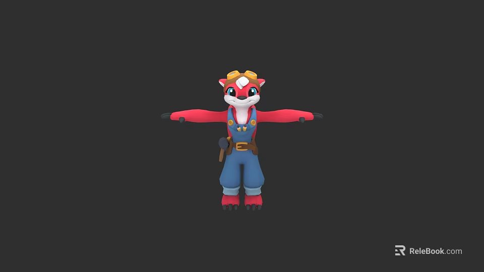Cartoon Character In Red Shirt Blue Overalls With Yellow Safety Helmet And Tool Belt 3d model 