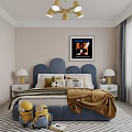 Cozy Kids Room Interior Design With Blue Storage Cabinet Bed Bedding Chandelier And Yellow Toys