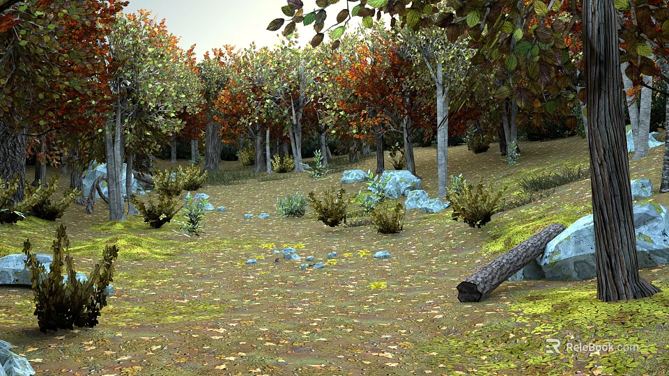 Scenic Autumn Forest Landscape With Colorful Trees Fallen Leaves Rocks And Bushes 3d model 