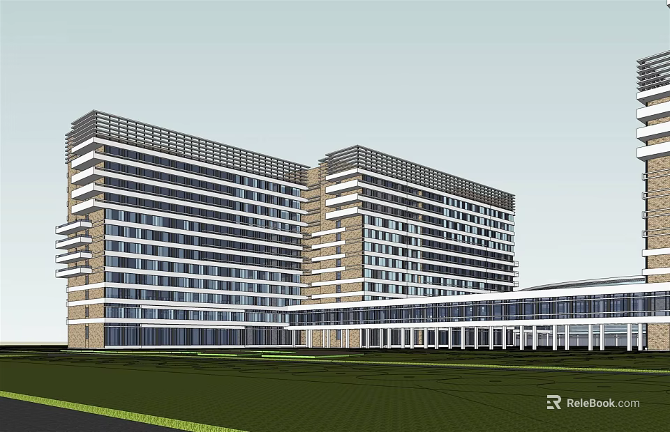 Modern High Rise Building Exterior Featuring Glass Curtain Wall And Front Lawn Area 3d model 