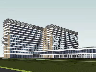 Modern High Rise Building Exterior Featuring Glass Curtain Wall And Front Lawn Area 3d model
