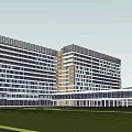 Modern High Rise Building Exterior Featuring Glass Curtain Wall And Front Lawn Area