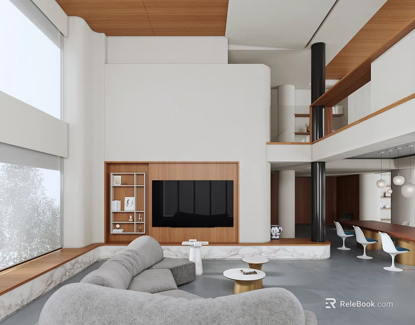 Modern Double Height Living Dining Room With Warm Wood Accents And Comfortable Sofa Interior Design 3d model 