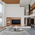 Modern Double Height Living Dining Room With Warm Wood Accents And Comfortable Sofa Interior Design