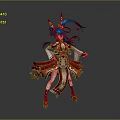 Game and Movie Character With Blue Long Hair Red Gold Outfit and Ornamental Headdress