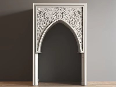 Intricately Carved Arched Doorway Featuring Traditional Patterns On Gray Wall With Wooden Floor 3d model