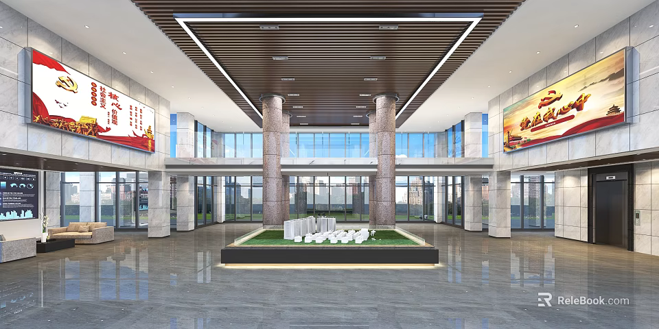 Modern Hotel Lobby Front Desk Reception Area With Marble Floor Glass Walls And Green Plants 3d model 