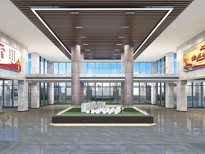 Modern Hotel Lobby Front Desk Reception Area With Marble Floor Glass Walls And Green Plants 3d model