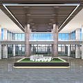Modern Hotel Lobby Front Desk Reception Area With Marble Floor Glass Walls And Green Plants