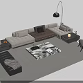 Modern Beige Brown Fabric Sofa and Marble Coffee Table Set with Floor Lamp