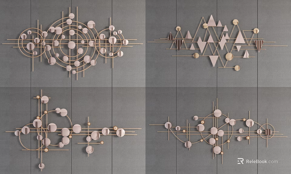 Modern Geometric Wall Decor With Circular Triangular Shapes And Metal Frames On Gray Background 3d model 