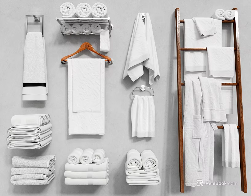 Bathroom Accessories With White Towels Bath Towels Folded And Hanging On Ladder Shelf And Racks 3d model 