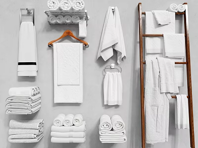 Bathroom Accessories With White Towels Bath Towels Folded And Hanging On Ladder Shelf And Racks 3d model
