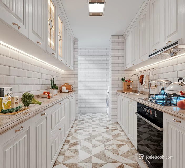 Bright Modern Galley Kitchen Interior With White Cabinets And Marble Countertops And Geometric Floor Tiles 3d model 