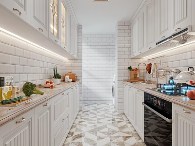 Bright Modern Galley Kitchen Interior With White Cabinets And Marble Countertops And Geometric Floor Tiles 3d model
