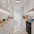 Bright Modern Galley Kitchen Interior With White Cabinets And Marble Countertops And Geometric Floor Tiles