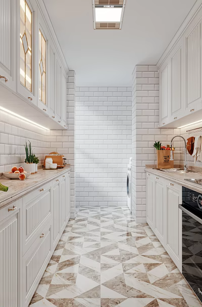 Bright Modern Galley Kitchen Interior With White Cabinets And Marble Countertops And Geometric Floor Tiles 3d model