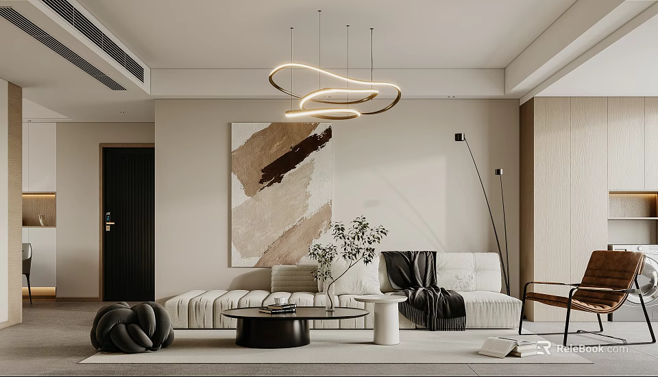Modern Minimalist Living Dining Room Interior With Beige Sofa Abstract Painting And Circular Pendant Light 3d model 
