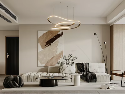 Modern Minimalist Living Dining Room Interior With Beige Sofa Abstract Painting And Circular Pendant Light 3d model