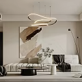 Modern Minimalist Living Dining Room Interior With Beige Sofa Abstract Painting And Circular Pendant Light