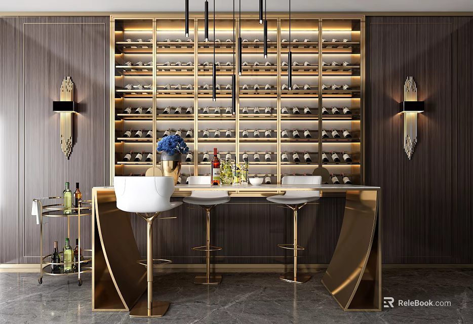 Elegant Bar Counter with Gold Wine Rack Bottles Pendant Lights Bar Stools and Blue Flowers 3d model 